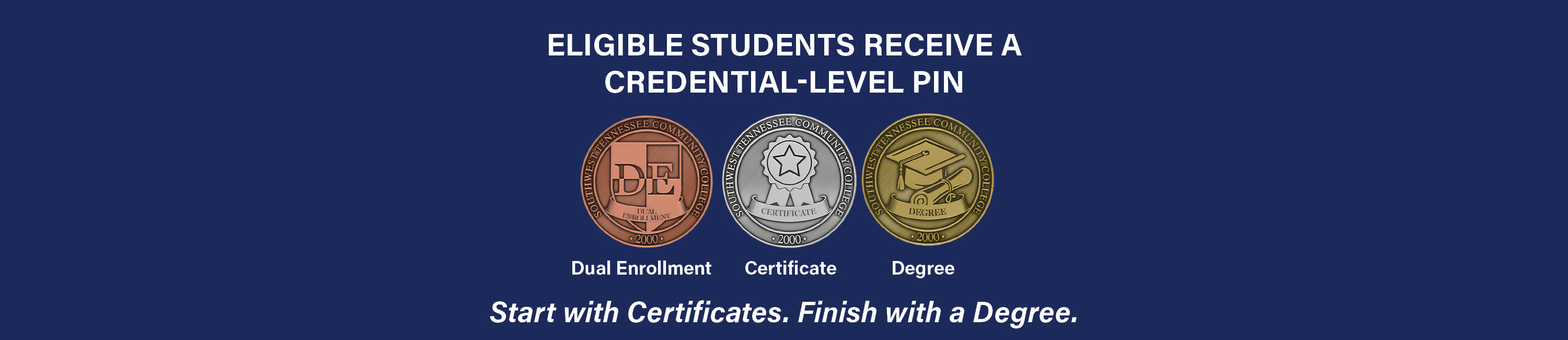 image of bronze, silver and gold medalians that says Elibible Students receive credentials Level Pin Dual Encrollment bronze, Certificate silver, Degree Gold - Go for the Gold