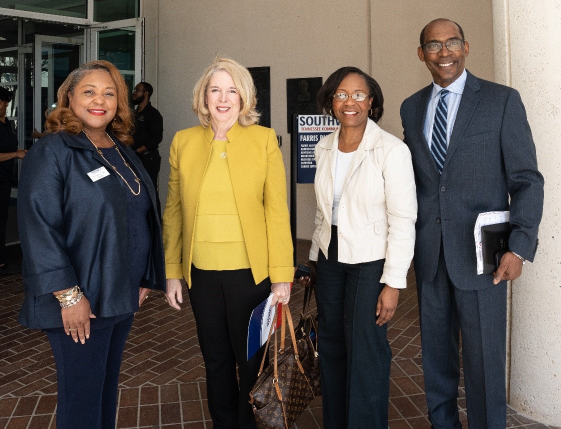 Pictured at the inaugural Southwest Workforce Solutions Center Open House and Career Fair are Southwest President Tracy D. Hall, Tennessee Board of Regents Chancellor Flora Tydings, Superintendent of Fayette County Schools Versie Hamlett and Southwest Chief Government and External Relations Officer Chuck Thomas. 