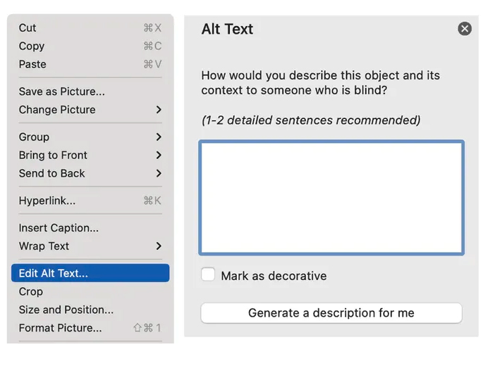 image is a screenshot of the Microsoft Word interface on a Mac, highlighting the process of accessing the Format Picture options for an inserted image. The text within the "Alt Text" description field reveals the original file path and name of the selected image. 