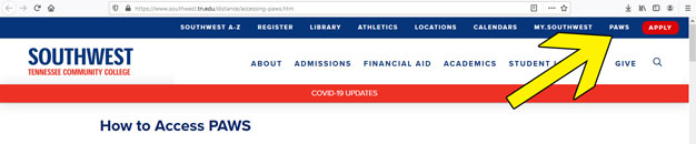 From Southwest’s public website (http://www.southwest.tn.edu/), click on PAWS located in the upper right corner.