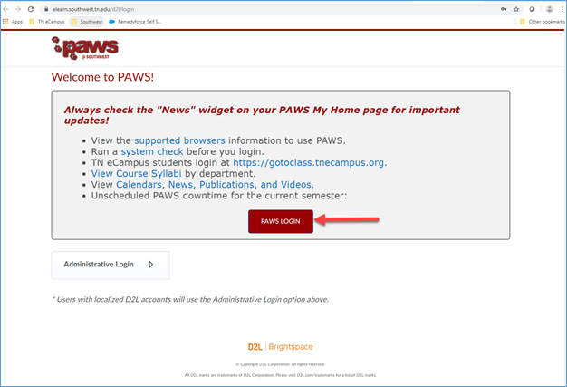 You will be taken to a new page (https://elearn.southwest.tn.edu/d2l/login).  Click on the PAWS LOGIN button.