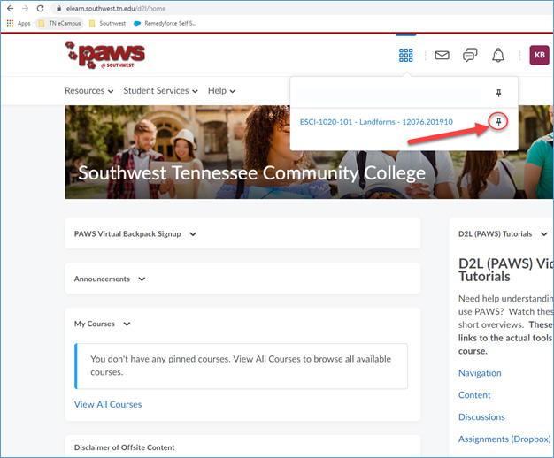 If you see your course listed when you click on the course selection tool, but do not see it when you scroll down to “My Courses,” click on the pushpin icon to the right of the course in the course selection list.