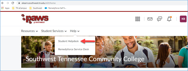 Under the Help dropdown menu, click on Student Helpdesk.