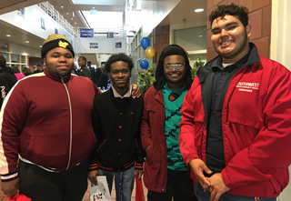 Josue Flores accompanies Orlandas Mason and Jaylin Parker, both seniors at Ridgway High School, and Elbert Jones from Germantown High School, to information booths inside the Farris Building. Jones wants to major in business and commerce. “I want to start my own clothing line so I want see what Southwest has to offer in terms of becoming a small business entrepreneur.”.
