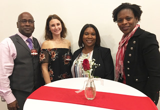 SSG Daniel D. Merriweather Scholarship recipients Olivia Bell (second from left) and Demetrius Jones (third from left) meet Darryl Finnie and Pamela Finnie at the 2018 Southwest Foundation reception.  Both students received their scholarship for three semesters and will graduate in December with nursing degrees. Bell already has accepted a position at St. Francis Hospital and Jones now works at Methodist Health Care.   