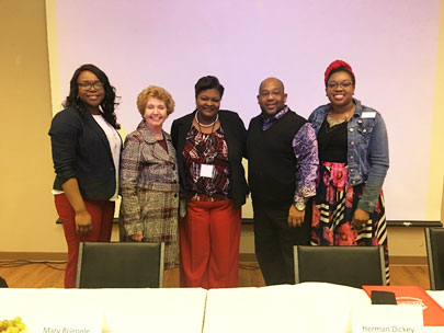 Dr. Jacqueline Faulkner (center) with ASL guest panelists Ashanti Clark, Mary Brignole, Herman Dickey, and Dr. Erika Henderson.