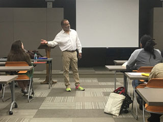 Ted Lange gestures while reciting Shakespeare during his master acting class at Southwest.