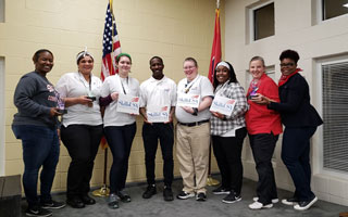 Southwest students and SkillsUSA advisors at the 2020 SkillsUSA Statewide Competition: Criminal Justice Club Advisor Rosalyn Rogers, criminal justice student Miesha Wiggins, forensics student Alex Workman, criminal justice student James Rhyme, forensics student Hunter Ward, forensics student Dorothy Johnson, Forensics Advisor Dr. Juliann Waits, and SkillsUSA Campus Advisor Joanitha Barnes.