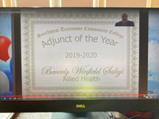 Dean of Faculty Support Jeremy Burnett (in upper right hand corner) virtually announces Beverly Sakyi as the Adjunct of the Year at the 2019-2020 Adjunct Appreciation awards. 