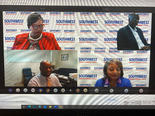 (Clockwise) Vice President of Student Affairs Jacqueline Faulkner, Vice President of Financial and Administrative Affairs Mike Neal, Executive Director of Government Relations Sherman Greer and President Dr. Tracy D. Hall at the College’s first virtual legislative town hall Aug. 25, 2020.