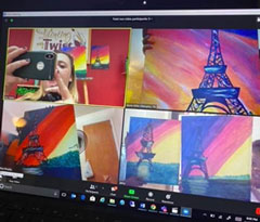 Students virtual participate in an internationally themed Painting with a Twist party during International Education Week.