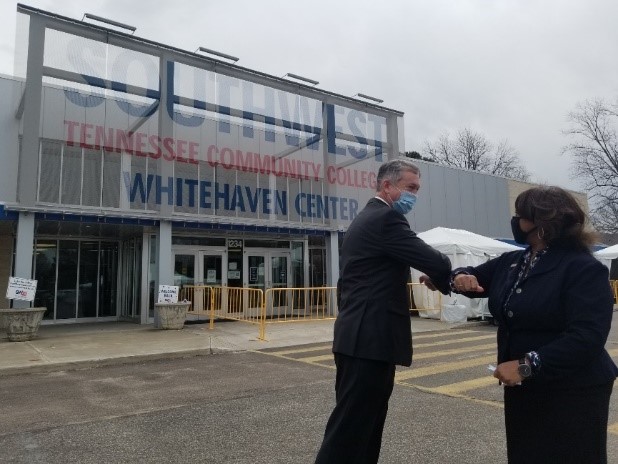 Tennessee Secretary of State Tre Hargett and President Tracy D. Hall greet each other at Southwest’s Whitehaven Center March 5, 2021.