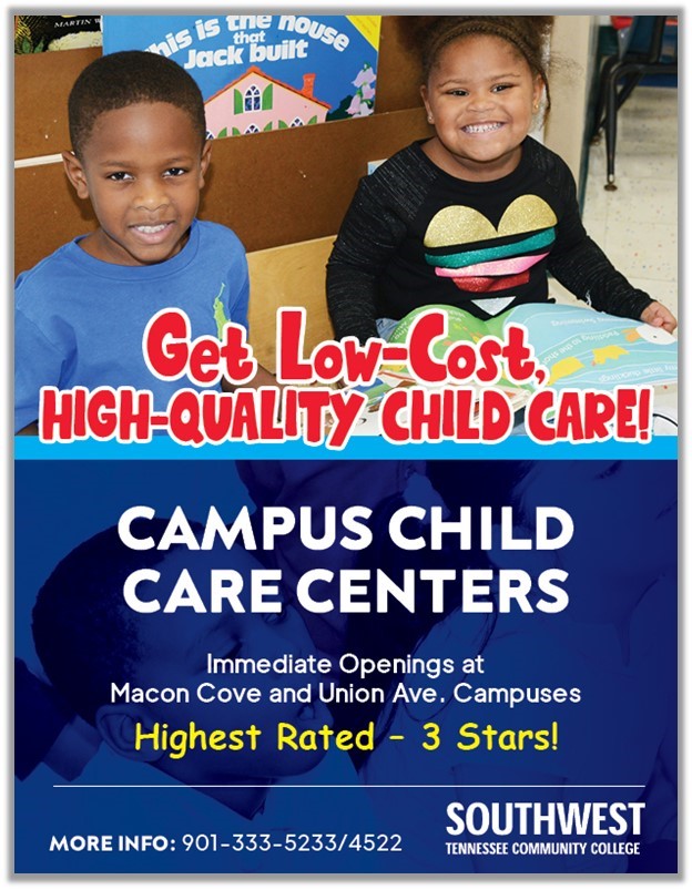 Congratulations to Child Care Centers Director Dr. Mary Palmer and her staff on receiving a $900,000 grant from the U.S. Department of Education (USDOL) for campus-based child care services for low-income parents in post-secondary education. The grant will fund the College’s Child Care Access Means Parents in School (CCAMPIS) program for four years.   Campus child care centers at the Macon Cove and Union Avenue campus provides educational programs for children 2 ½ to 5 years old. CCAMPIS allows eligible parents to receive this care for their children at a discounted rate.   “We are thrilled to receive this funding which fulfills a critical need for our students who need child care assistance to be able to attend classes and pursue their credentials,” Dr. Mary Palmer said. “Removing this barrier helps our students persist in finishing college while providing a quality education for their children. It’s an investment in both the future success of our students and their children.”    Both centers have openings for online or in-person learning. Southwest students and employees, as well as the general public, are eligible to apply for CCAMPIS assistance.   For more information about the centers, operating hours, and CCAMPIS eligibility and how to apply, visit https://www.southwest.tn.edu/childcare/index.php.  Interested parents also may contact the centers at campuschildcare@southwest.tn.edu or call the Macon Cove Campus Center at 901-333-4522 or Union Avenue at 901-333-5233. 