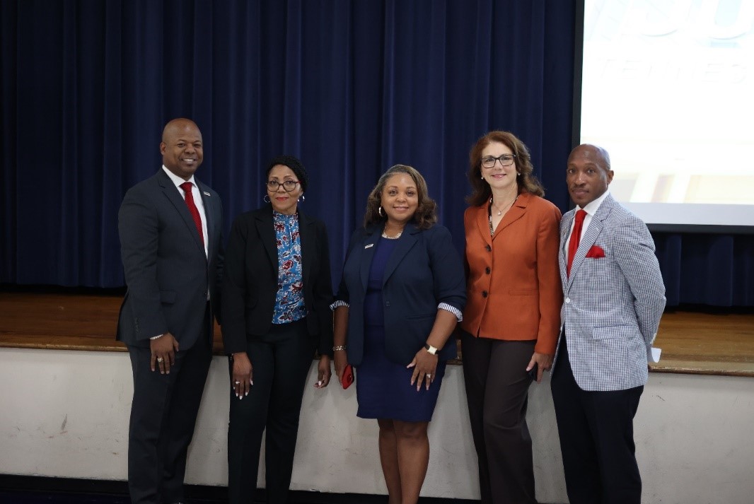Associate Vice President of Information Systems Michael Boyd, Associate Vice President of Workforce Development Amy Shead, Southwest President Dr. Tracy D. Hall, Associate Vice President of Human Resources Iliana Ricelli and Vice President of Academic Affairs Dr. Kendricks Hooker at Southwest’s 2022 Fall Convocation. 