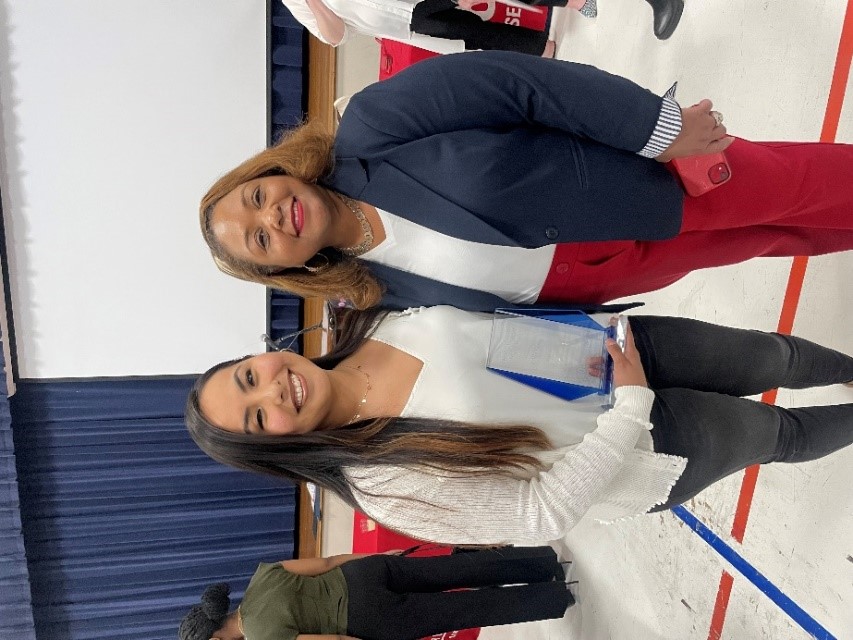 Southwest communication major Erika Konig and President Dr. Tracy D. Hall at the 2023 Student Honors & Awards Convocation April 11, 2023 in the Nabors Auditorium