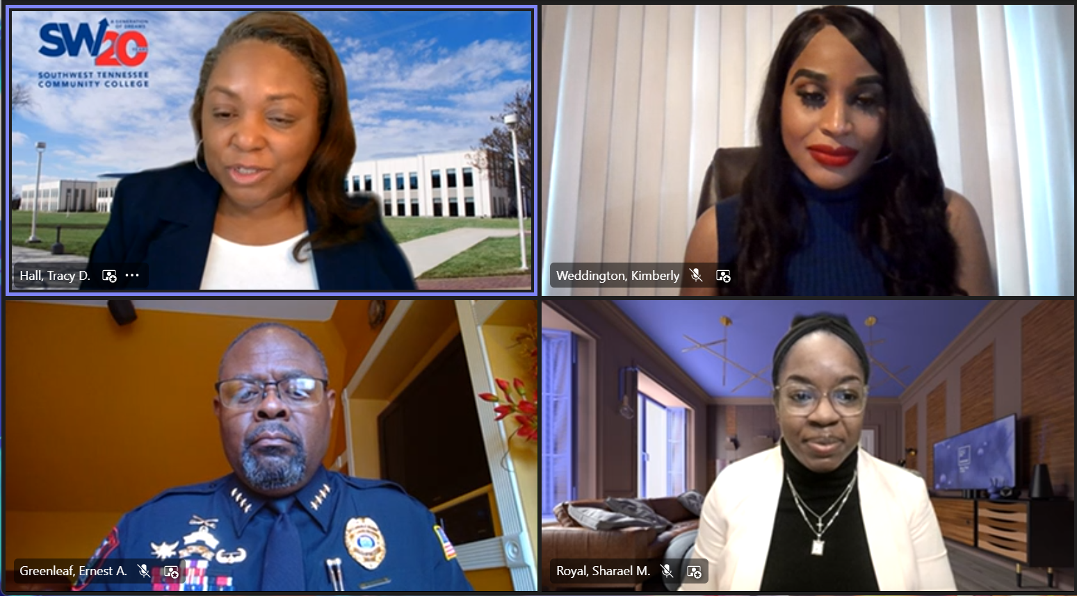 (Top L-R) Southwest President Dr. Tracy D. Hall, Mental Health Coordinator Kimberly Weddington, (Bottom L-R) Police Services/Public Safety Associate Director Ernest Greenleaf and Mental Health Coordinator Sharael Royal during the College’s virtual Caring Conversations forum on Tyre Nichols’ death. 