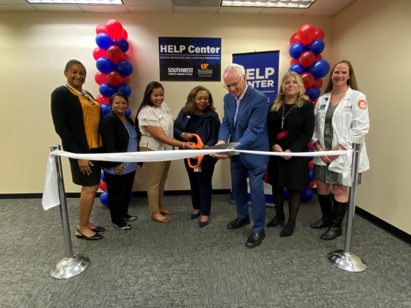 Pictured (R-L): Dean Sheila Bouie, Dr. Carol Ash, Southwest nursing student Deborah Christy, President Tracy D. Hall, Chancellor Peter Buckley, Dean Wendy Likes and Dr. Shelley Miller