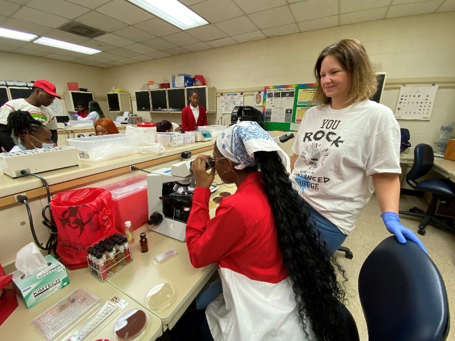 Medical District High School students examine specimens during a Medical Lab Technician class at Southwest Tennessee Community College. 