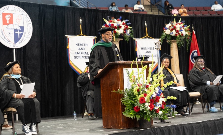 Reginald W. Coopwood, CEO of Regional One Health, delivers the commencement address to the Class of 2024.