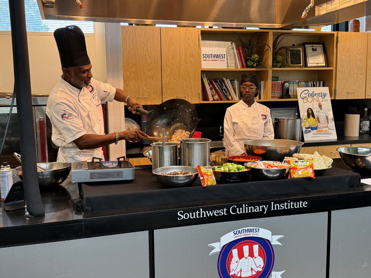 Chef Steven Leake prepares a meal for students using ingredients from The Pantry.  