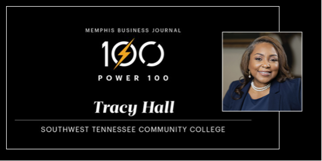 Dr. Hall graphic from the Memphis Business Journal for the “100 Power 100” list. The design is mostly black with white text and a gold lightning bolt inside the “100” logo.